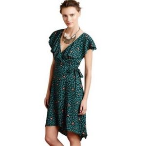 Anthropologie HD in Paris Black Green Floral Faux Wrap Tunic Dress